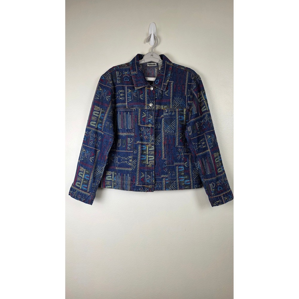 Chicos Design Jean Jacket Womens Sz 2 Blue Embroidered Beaded Denim Tribal Boho‎